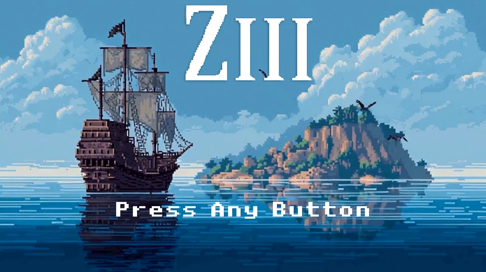 AI-generated image: the Ziii title screen, a tall ship at anchor beside an island