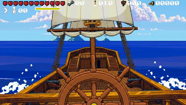 First-person view from the wheel of The Salty Seagull, islands on the horizon
