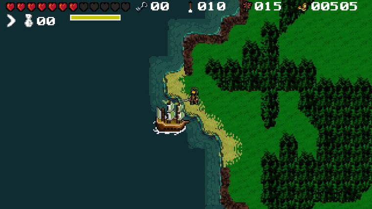 Top-down view of the ship sailing along a forested island coastline