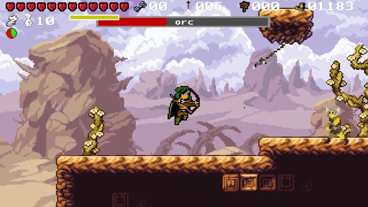 Side-scrolling fight against an orc on desert cliffs