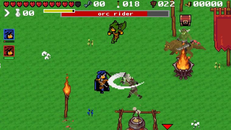 Two players fighting an orc rider beside a campfire in the grasslands