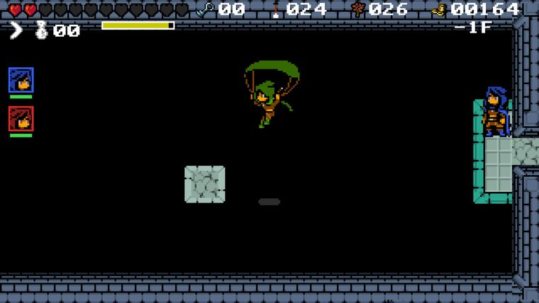 A dark dungeon floor seen from above, with two player portraits in the display