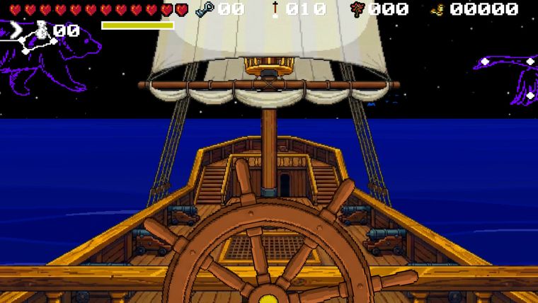 The ship's wheel at night, something purple moving in the sky