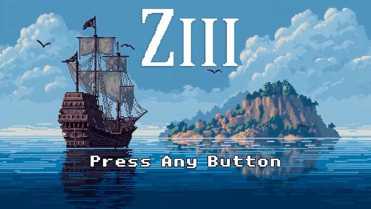 Title screen: a tall ship anchored beside a rocky island