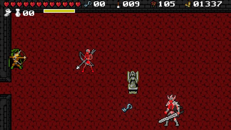 A top-down dungeon hall with armed guards and a key on the floor